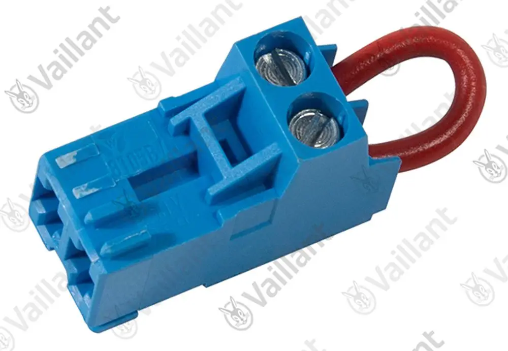Blaue Verbindungseinheit mit zwei Kontakten und rotem kabelartigem Anschluss, hergestellt von Vaillant.